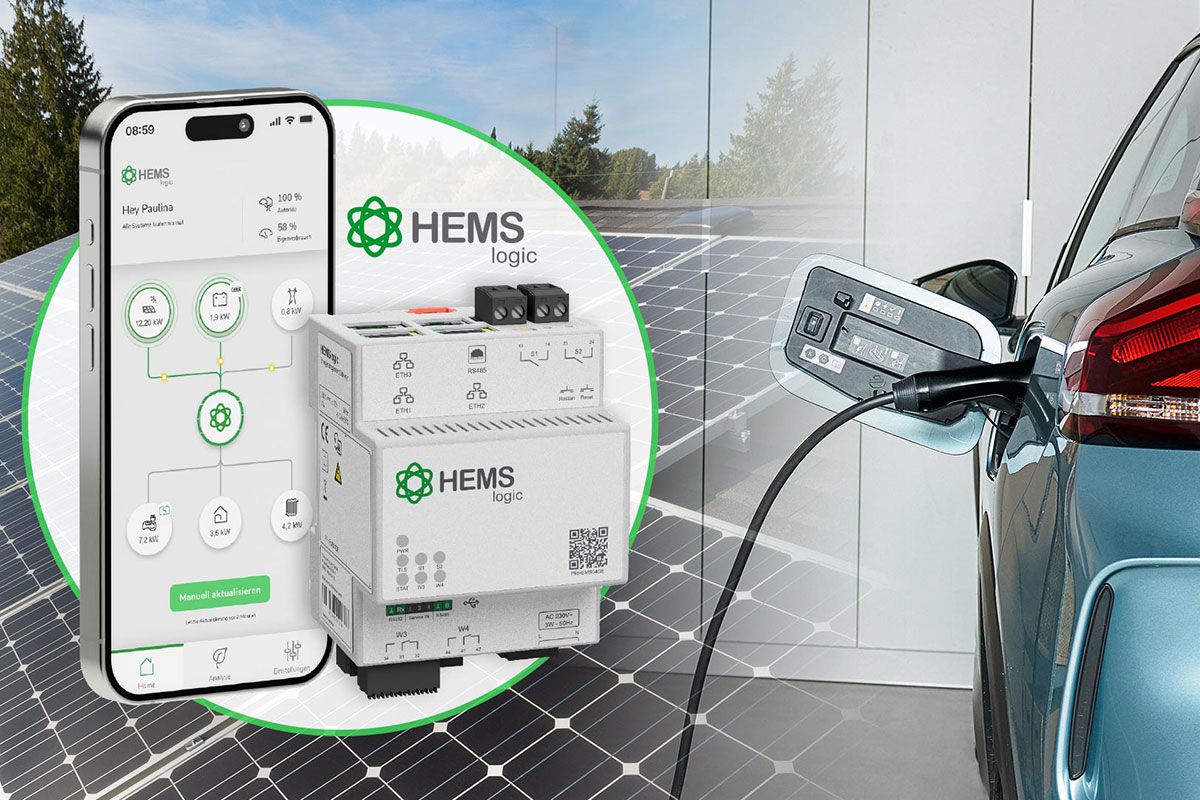 Schneider Electric Modernes Energiemanagement-System für Zuhause: Photovoltaikanlage, Batteriespeicher und Elektroauto, sowie das Steuergerät von HEMS logic.